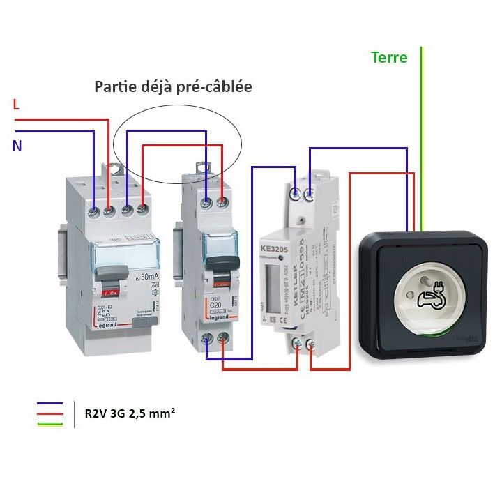 Legrand - Kit recharge véhicule électrique + Compteur énergie 45A + Prise Mureva Styl encastrée noir - Réf : 36011-02-Précablé
