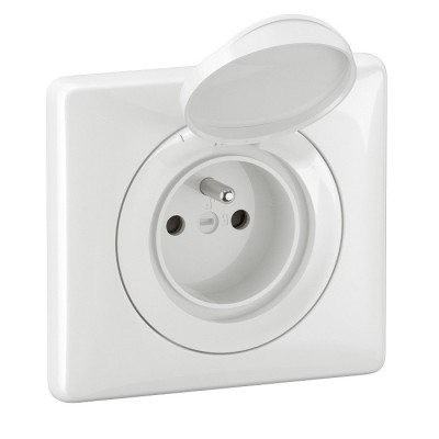 Legrand Céliane - Prise de courant 2P+T avec enjoliveur à volet et plaque étanche IP44 - Blanc - Réf : CB8111-P