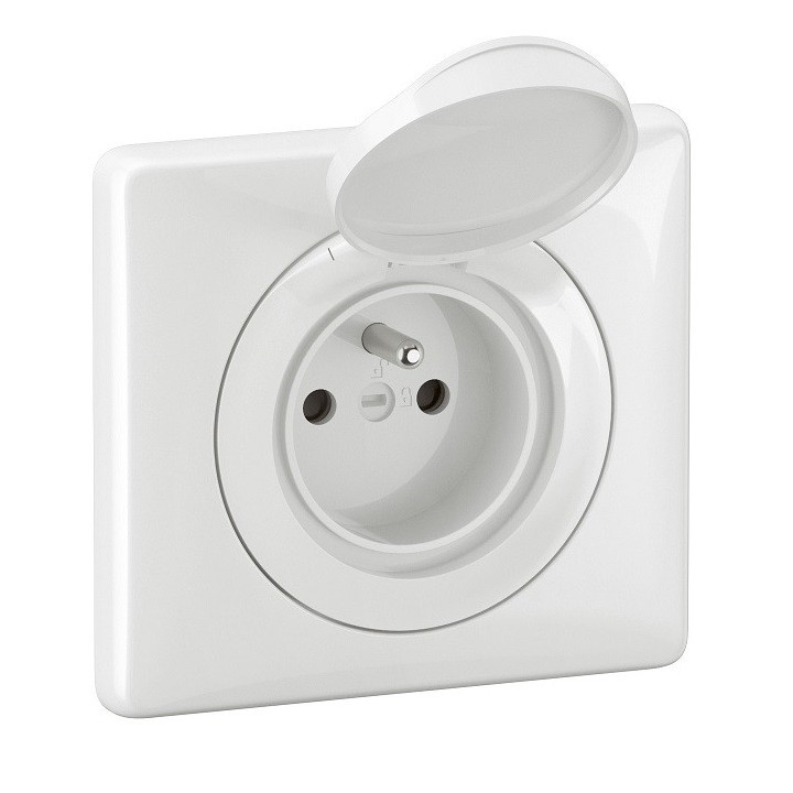 Legrand Céliane - Prise de courant 2P+T avec enjoliveur à volet et plaque étanche IP44 - Blanc - Réf : CB8111-P