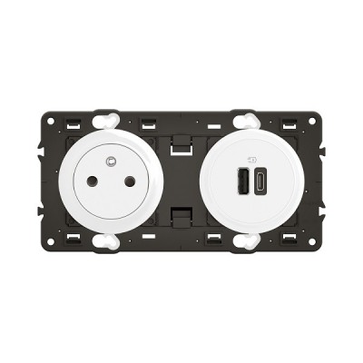 Legrand Céliane - Prise 2P+T affleurante et USB Type-A + C précâblées - Blanc avec support - à équiper d'une plaque -Réf: CX0143