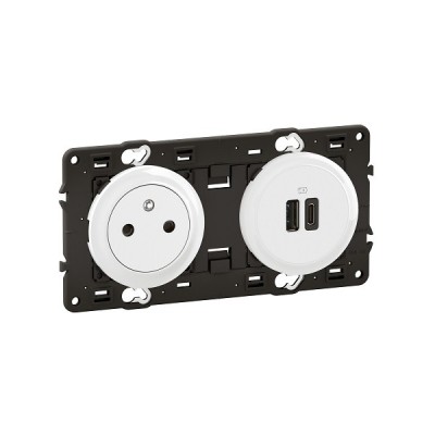 Legrand Céliane - Prise 2P+T affleurante et USB Type-A + C - Blanc avec support - à équiper d'une plaque -Réf: CX0143