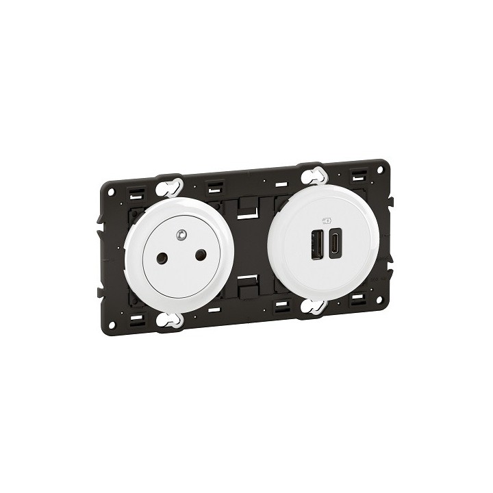 Legrand Céliane - Prise 2P+T affleurante et USB Type-A + C - Blanc avec support - à équiper d'une plaque -Réf: CX0143