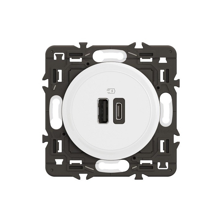 Legrand Céliane - Prise double USB Céliane 15W Type-A + Type-C - Blanc avec support - à équiper d'une plaque - Réf : CM0153-SP