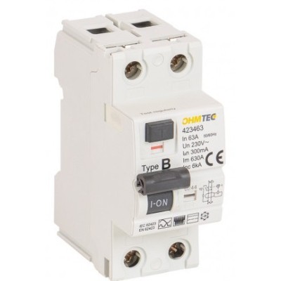 Ohmtec -  Interrupteur différentiel - 1P+N 6kA - 63A - Type B - 300mA - Réf : 423463