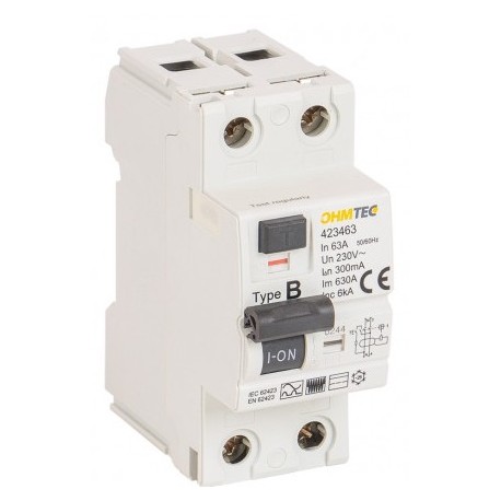 Ohmtec -  Interrupteur différentiel - 1P+N 6kA - 63A - Type B - 300mA - Réf : 423463