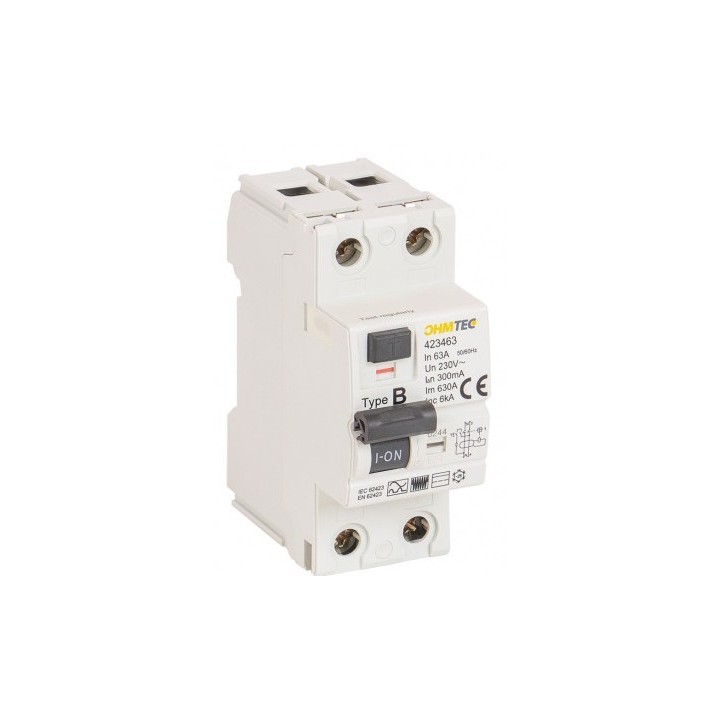 Ohmtec -  Interrupteur différentiel - 1P+N 6kA - 63A - Type B - 300mA - Réf : 423463