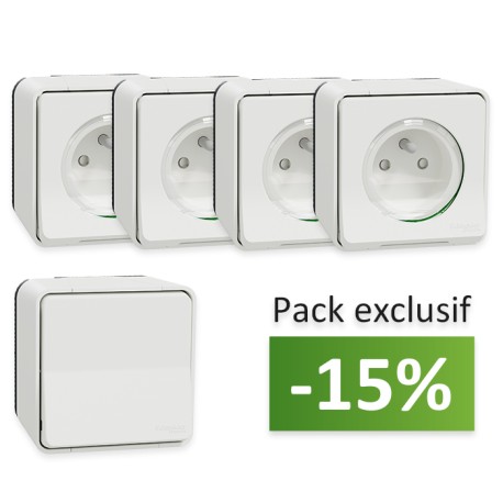 Schneider Mureva Styl - 4 Prises de courant 2P+T saillie + 1 va-et-vient saillie - IP55 - Blanc - Réf: MUR39030-P