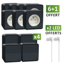 Schneider Mureva Styl - 7 Prises de courant 2P+T saillies dont 1 OFFERTE + 4 va-et-vient + 2 voyants OFFERTS - Réf : PBX0012