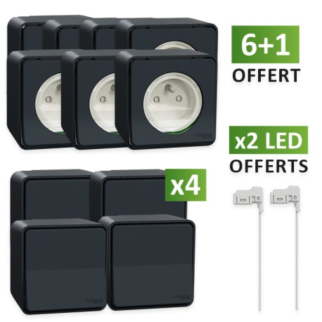 Schneider Mureva Styl - 7 Prises de courant 2P+T saillies dont 1 OFFERTE + 4 va-et-vient + 2 voyants OFFERTS - Réf : PBX0012
