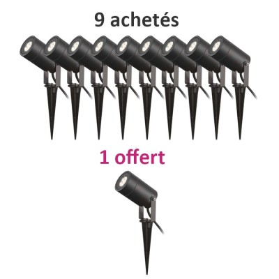 Miidex Lighting - Lot de 10 Projecteurs Piquet Slim dont 1 GRATUIT (sans ampoule) 230V GU10 Noir IP65 - Réf : 70283(10)