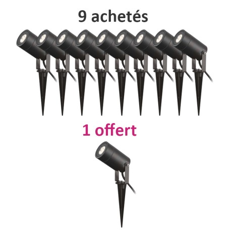 Miidex Lighting - Lot de 10 Projecteurs Piquet Slim dont 1 GRATUIT (sans ampoule) 230V GU10 Noir IP65 - Réf : 70283(10)