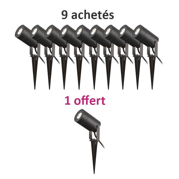 Miidex Lighting - Lot de 10 Projecteurs Piquet Slim dont 1 GRATUIT (sans ampoule) 230V GU10 Noir IP65 - Réf : 70283(10)