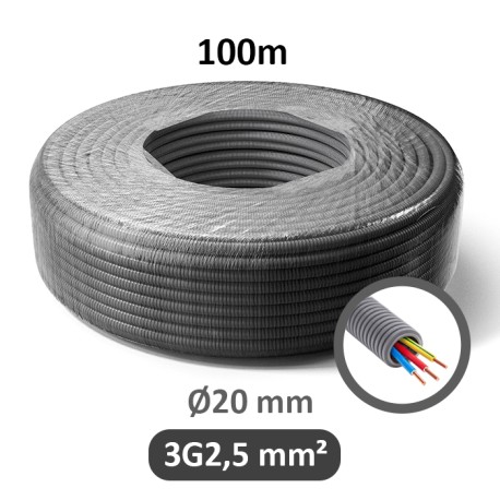 PREFLEX - Gaine électrique ICTA préfilée 3G2,5 mm² - R/B/VJ - Ø20 mm - Couronne de 100m - Réf : PFG20E32501