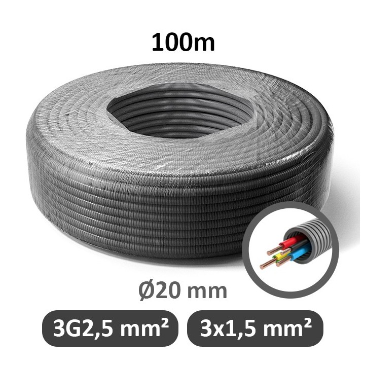 PREFLEX - Gaine électrique ICTA préfilée - 3G2.5 mm² + 1x1.5 mm² - B/R/VJ + N - Ø20 mm - Couronne de 100m - Réf : PFG20E32511502