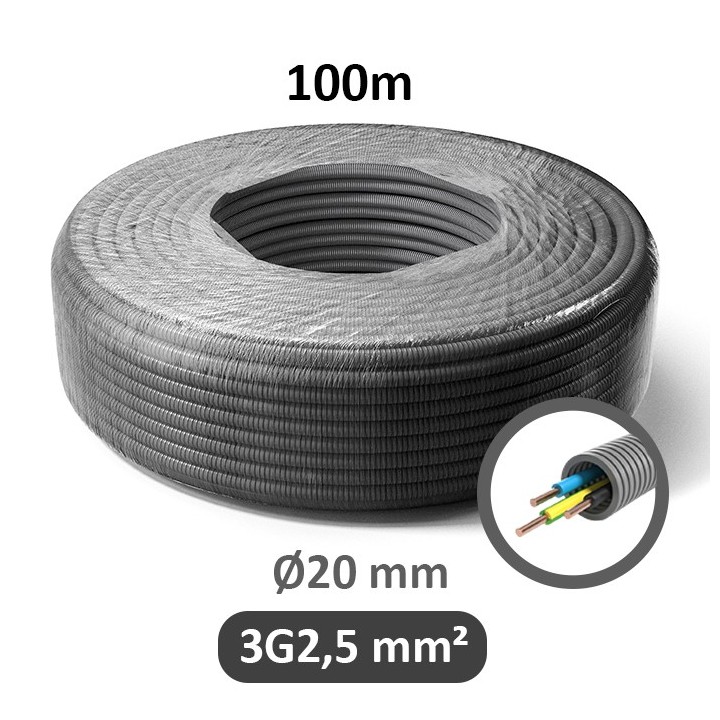 Preflex - Gaine électrique ICTA préfilée 3G2,5 mm² - N/B/VJ - Ø20 mm - Couronne de 100m - Réf : PFG20E32502