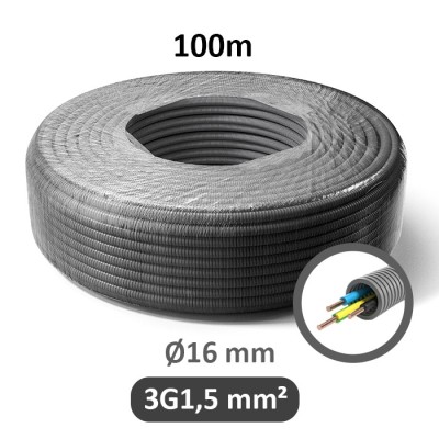 PREFLEX - Gaine électrique ICTA préfilée 3G1.5 mm² - N/B/VJ - Ø16 mm - Couronne de 100m - Réf : PFG16E31502