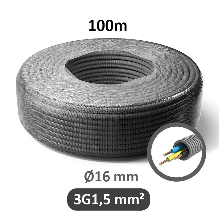 PREFLEX - Gaine électrique ICTA préfilée 3G1.5 mm² - N/B/VJ - Ø16 mm - Couronne de 100m - Réf : PFG16E31502