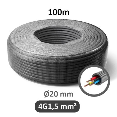 PREFLEX - Gaine électrique ICTA préfilée - 4G1.5 mm² - B/N/R/VJ - Ø20 mm - Couronne de 100m - Réf : PFG20E41502