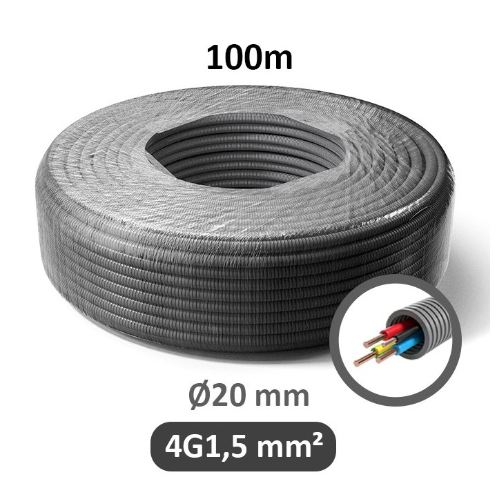 PREFLEX - Gaine électrique ICTA préfilée - 4G1.5 mm² - B/N/R/VJ - Ø20 mm - Couronne de 100m - Réf : PFG20E41502