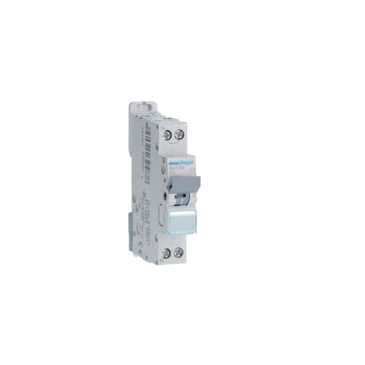 Hager -  Disjoncteur 2A - 1P+N - 4.5-6kA - Courbe C - 1module - Réf : MJT702