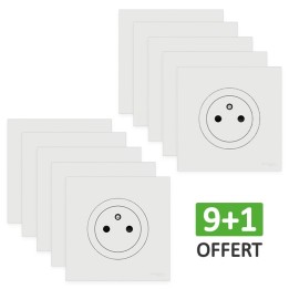 Schneider Odace - Lot de 10 Prises de courant 2P+T affleurantes dont 1 OFFERTE - Blanc craie - Complet - Réf : S920052(10)