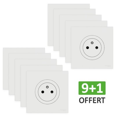 Schneider Odace - Lot de 10 Prises de courant 2P+T affleurantes dont 1 OFFERTE - Blanc craie - Complet - Réf : S920052(10)