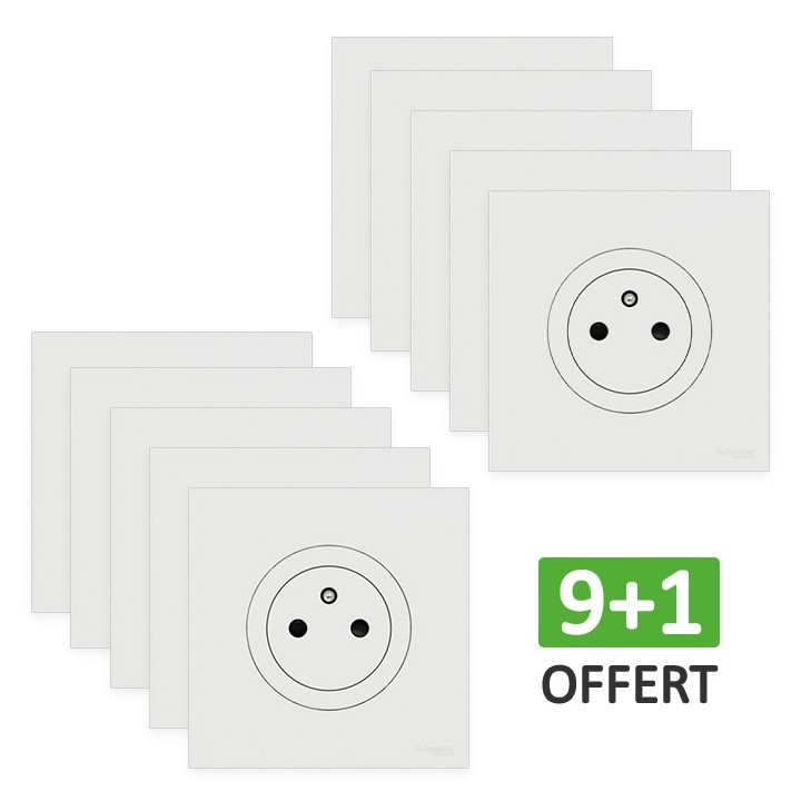 Schneider Odace - Lot de 10 Prises de courant 2P+T affleurantes dont 1 OFFERTE - Blanc craie - Complet - Réf : S920052(10)
