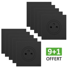 Schneider Odace - Lot de 10 Prises de courant 2P+T affleurantes dont 1 OFFERTE - Noir onyx - Complet - Réf : S940052(10)