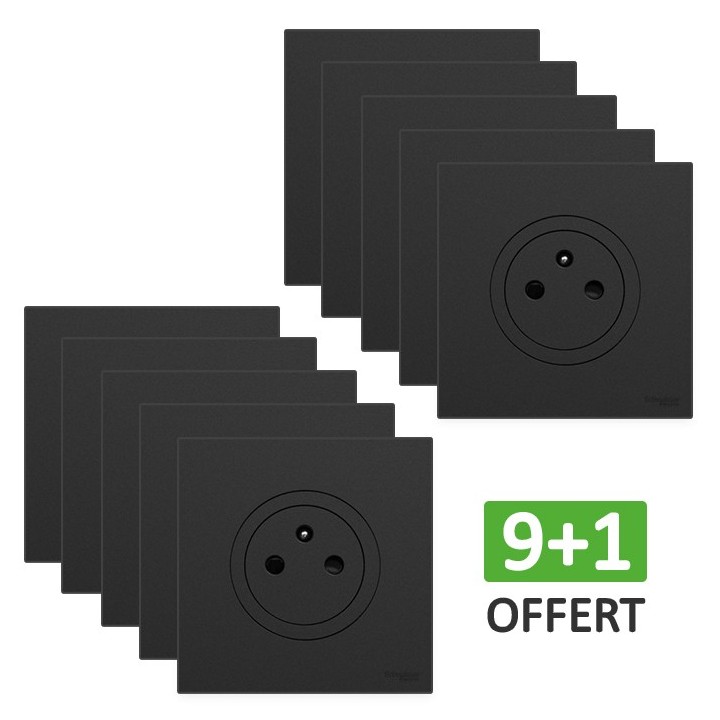 Schneider Odace - Lot de 10 Prises de courant 2P+T affleurantes dont 1 OFFERTE - Noir onyx - Complet - Réf : S940052(10)