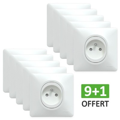 Schneider Ovalis - Lot de 10 Prises de courant 2P+T à puits dont 1 OFFERTE - 16A - Blanc - Complet - Réf : S320059(10)