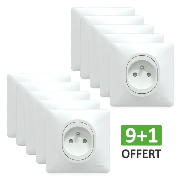 Schneider Ovalis - Lot de 10 Prises de courant 2P+T à puits dont 1 OFFERTE - 16A - Blanc - Complet - Réf : S320059(10)