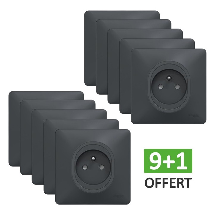 Schneider Ovalis - Lot de 10 Prises de courant 2P+T complètes anthracites dont 1 OFFERTE - Réf : S340059(10)