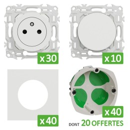 Schneider Probox Odace - Lot de 30 prises + 10 va-et-vient + 40 plaques + 40 boîtes dont 20 OFFERTES - Blanc - Réf : PBXBO25