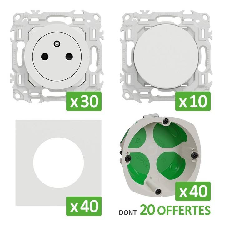 Schneider Probox Odace - Lot de 30 prises + 10 va-et-vient + 40 plaques + 40 boîtes dont 20 OFFERTES - Blanc - Réf : PBXBO25