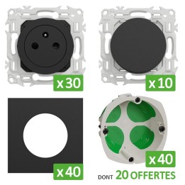 Schneider Probox Odace - Lot de 30 prises + 10 va-et-vient + 40 plaques + 40 boîtes dont 20 OFFERTES - Noir - Réf : PBXNO25
