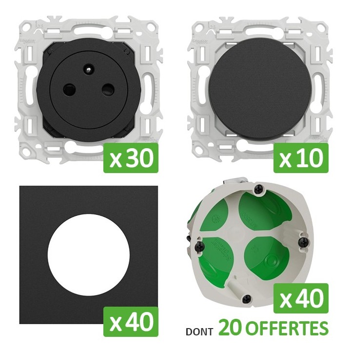 Schneider Probox Odace - Lot de 30 prises + 10 va-et-vient + 40 plaques + 40 boîtes dont 20 OFFERTES - Noir - Réf : PBXNO25