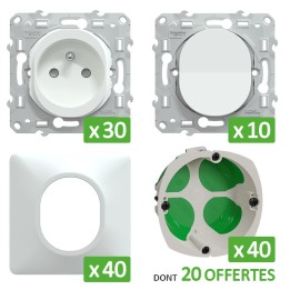 Schneider Probox Ovalis - Lot de 30 Prises + 10 Va-et-vient + 40 Plaques + 40 Boîtes dont 20 OFFERTES - Blanc - Réf : PBXBOVA