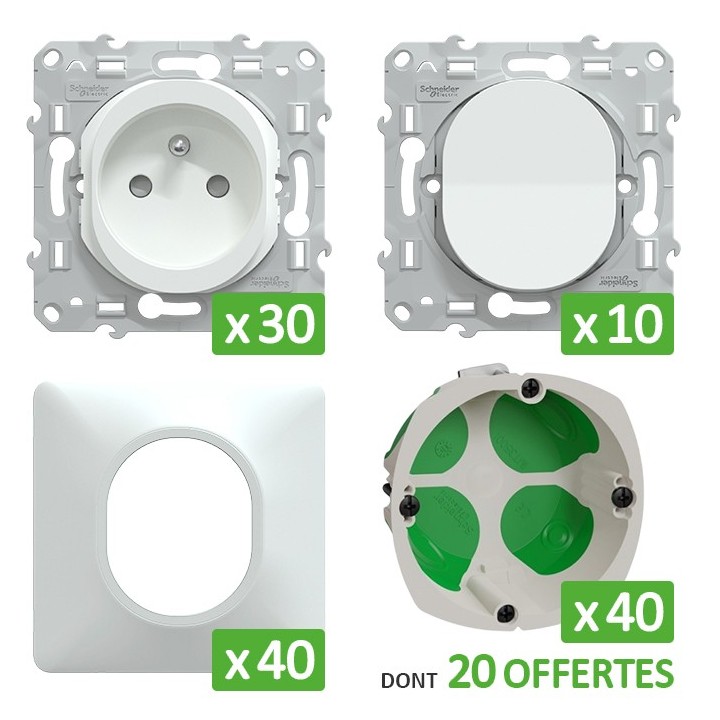 Schneider Probox Ovalis - Lot de 30 Prises + 10 Va-et-vient + 40 Plaques + 40 Boîtes dont 20 OFFERTES - Blanc - Réf : PBXBOVA