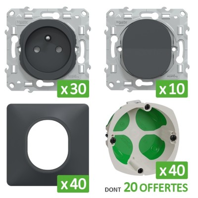 Schneider Probox Ovalis - 30 Prises + 10 Va-et-vient + 40 Plaques + 40 Boîtes dont 20 OFFERTES - Anthracite - Réf : PBXNOVA