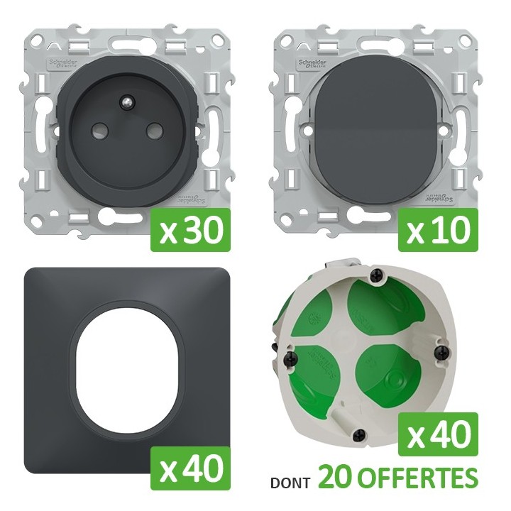 Schneider Probox Ovalis - 30 Prises + 10 Va-et-vient + 40 Plaques + 40 Boîtes dont 20 OFFERTES - Anthracite - Réf : PBXNOVA