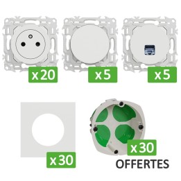 Schneider Probox Odace - Lot 20 prises 2P+T + 5 RJ45 + 5 Va-et-vient + 30 plaques + 30 boîtes OFFERTES - Blanc - Réf : PBXBRJ45