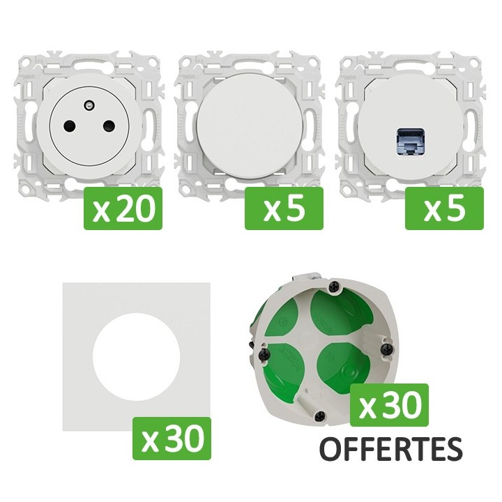 Schneider Probox Odace - Lot 20 prises 2P+T + 5 RJ45 + 5 Va-et-vient + 30 plaques + 30 boîtes OFFERTES - Blanc - Réf : PBXBRJ45