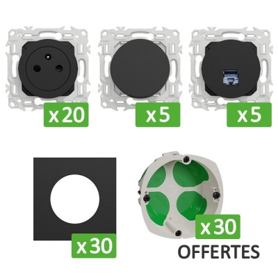 Schneider Probox Odace - Lot 20 prises 2P+T + 5 RJ45 + 5 Va-et-vient + 30 plaques + 30 boîtes OFFERTES - Noir - Réf : PBXNRJ45