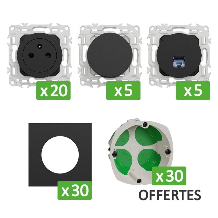 Schneider Probox Odace - Lot 20 prises 2P+T + 5 RJ45 + 5 Va-et-vient + 30 plaques + 30 boîtes OFFERTES - Noir - Réf : PBXNRJ45