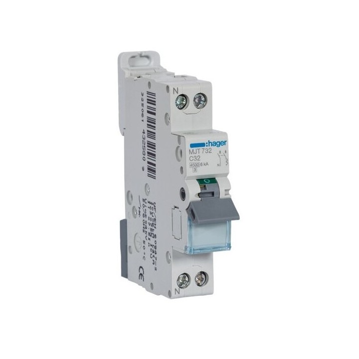 Hager -  Disjoncteur 32A - 1P+N - 4.5-6kA - Courbe C - 1module - Réf : MJT732