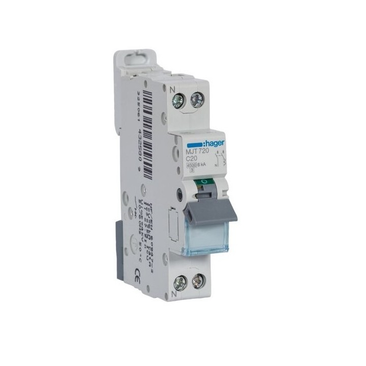 Hager -  Disjoncteur 20A - 1P+N - 4.5-6kA - Courbe C - 1module - Réf : MJT720