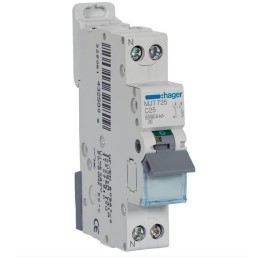 Hager -  Disjoncteur 25A - 1P+N - 4.5-6kA - Courbe C - 1module - Réf : MJT725