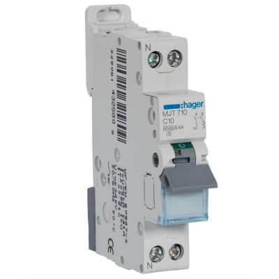 Hager -  Disjoncteur 10A - 1P+N - 4.5-6kA - Courbe C - 1module - Réf : MJT710