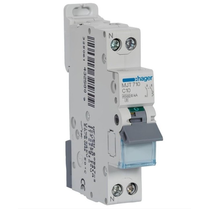 Hager -  Disjoncteur 10A - 1P+N - 4.5-6kA - Courbe C - 1module - Réf : MJT710