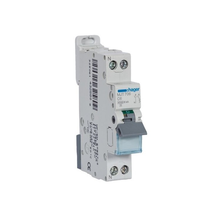 Hager -  Disjoncteur 6A - 1P+N - 4.5-6kA - Courbe C - 1module - Réf : MJT706